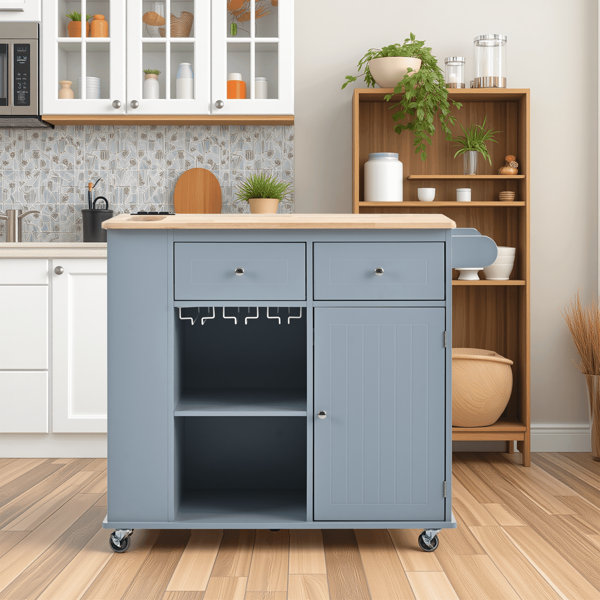 MAYEERTY Rolling Kitchen Island with Power Outlet, Towel Rack, Drop Leaf & Rubber Wood, Black
