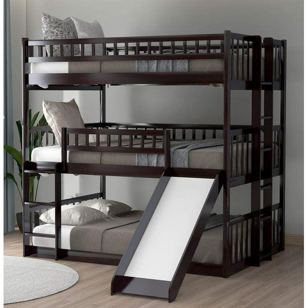 Triple Bunk Bed With Slide Wooden Full, 3 Bed Bunk With Mattress Included