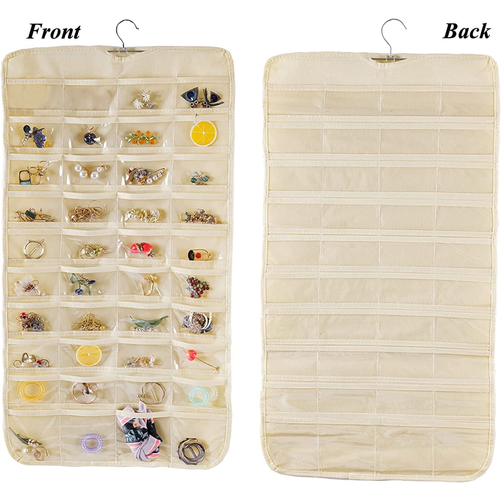 80 Pockets Hanging Jewelry Organizer for Earrings and Accessories with Steel Hanger in Beige for Closet and Wall Display