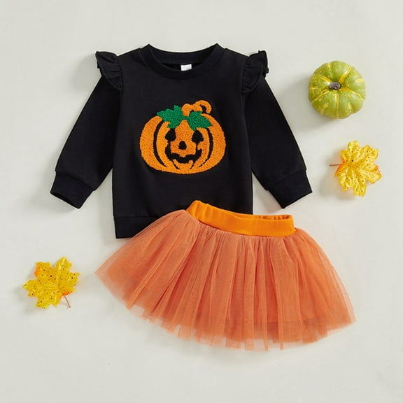 Hotiary Toddler Halloween Casual Two-Piece Set Pumpkin or Letter Print Long Sleeve Tops and Solid Yarn Short Skirt for Girls 1-5 Years Old