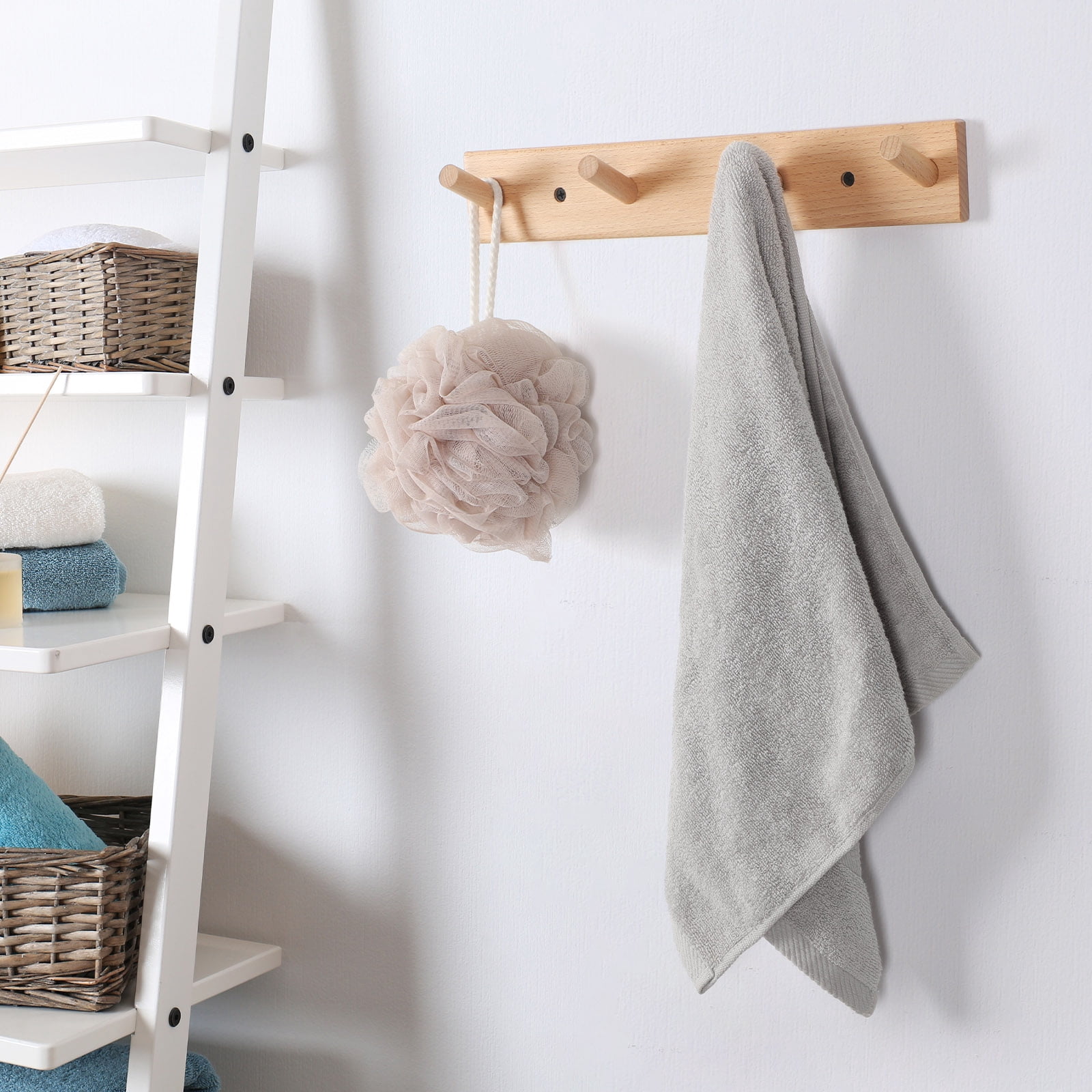 Wall Mounted Wood Coat and Hat Rack, 4 Hooks, Light Brown