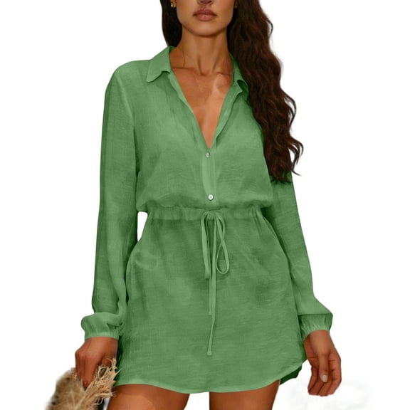 jtjvou Women's Button Down Shirt Dress Long Sleeve Collared Drawstring Waist Mini Dress Summer Spring Beach Casual Sundress Green XL