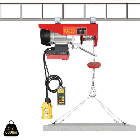 Wireless 2in1 Electric Hoist with 660 LBS Capacity - Remote Control & Single/Double Slings - Steel Electric Winch - 110V Electric Lift for Factories, Warehouses, Construction Sites