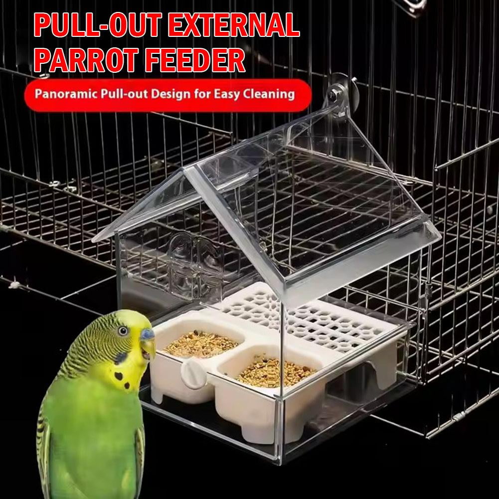 Pull-Out External Parrot Feeder - Dual-Chamber Mess-Free Bird Feeder for Window/Cage