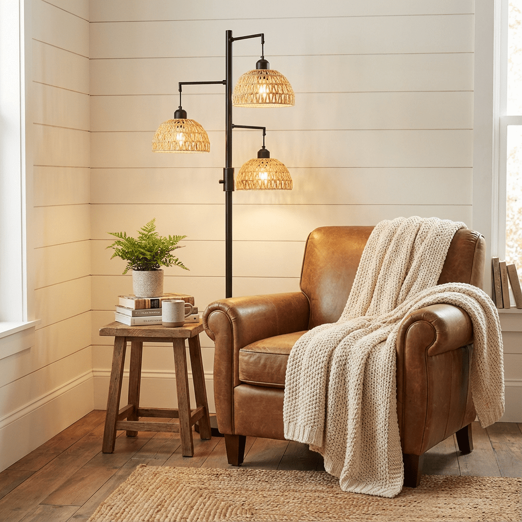SERBASIC Tree Floor Lamp with 3 LED Bulbs, Boho Rattan Floor Lamp for Living Room and Bedroom, 72" Tall Standing Lamp with Stable Heavy Base, Industrial Farmhouse Decor