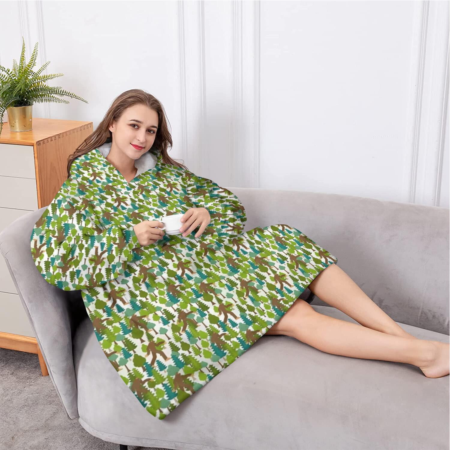 Oversized Wearable Blanket Hoodie,Green Bigfoot and Tree Pattern Sherpa Blanket Hoodie with Super Pockets,Super Warm Fuzzy Pullover for Women & Men