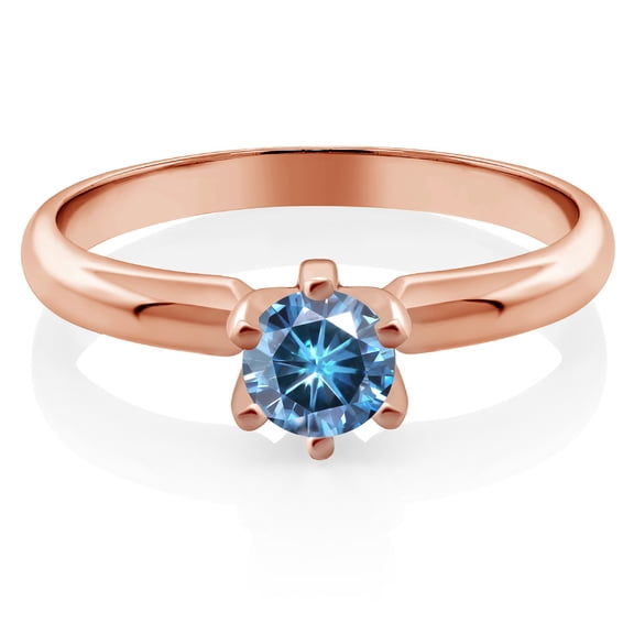 Gem Stone King 18K Rose Gold Plated Silver Ring Persian Blue Round Moissanite (0.50 Cttw) (Size 5)