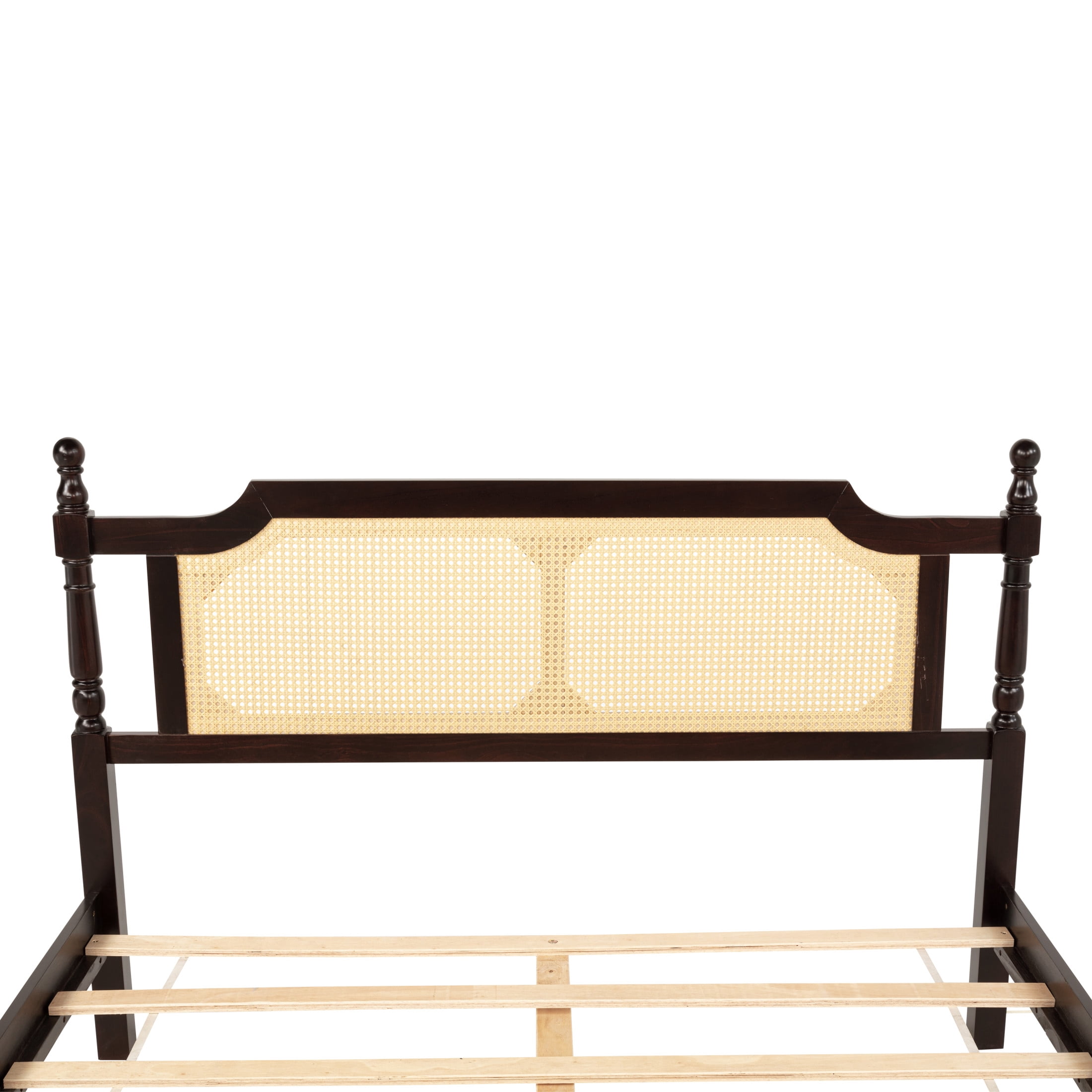 Noble House Elsie Queen Bed, Pine Wood Frame with Rattan Headboard & Footboard, Enhanced Slat Platform, Espresso