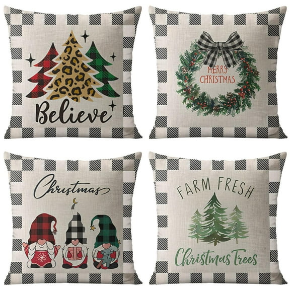 Merry Christmas Believe Winter Christmas Trees Decorative Pillows Believe Winter Christmas Trees Couch Pillows 16"x16" Set Of 4, Rustic Linen Study Sofa Cushion Cover