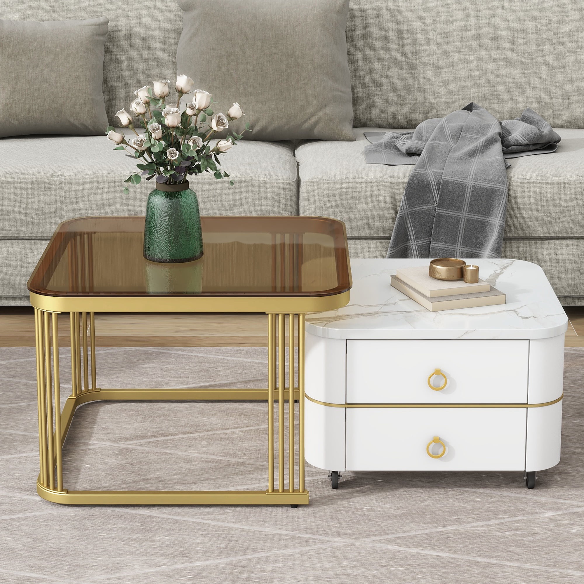 PORKISS 2-in-1 Nesting Coffee Table, Modern Square Coffee Table with Wheels and Drawers, Small Stacking Coffee Table with High Gloss Marble Grain Top and Tempered Glass for Living Room, White/ Gold