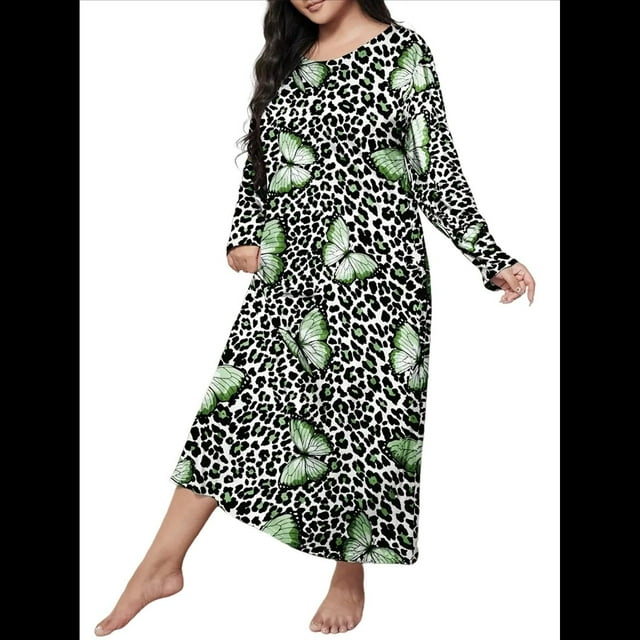 Camisón de Larga para Mujer, Estampado, Camiseta, Vestido de Dormir Verde XXL