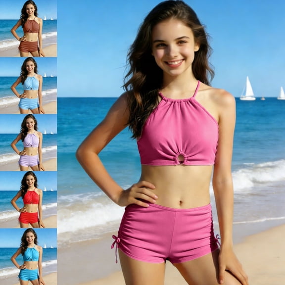 SGFCWSX Girls 2 Piece Swimsuit, Teens Halter Crop Top with Front Keyhole Cutout and Boy Shorts, Bathing Suit for Beach Pool Pink Size 13-14Years