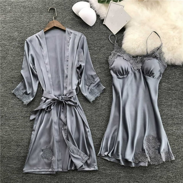 Lingerie Femme Robe en Soie Dentelle Robe Babydoll Nuisette Tenue de Nuit Ensemble Kimono