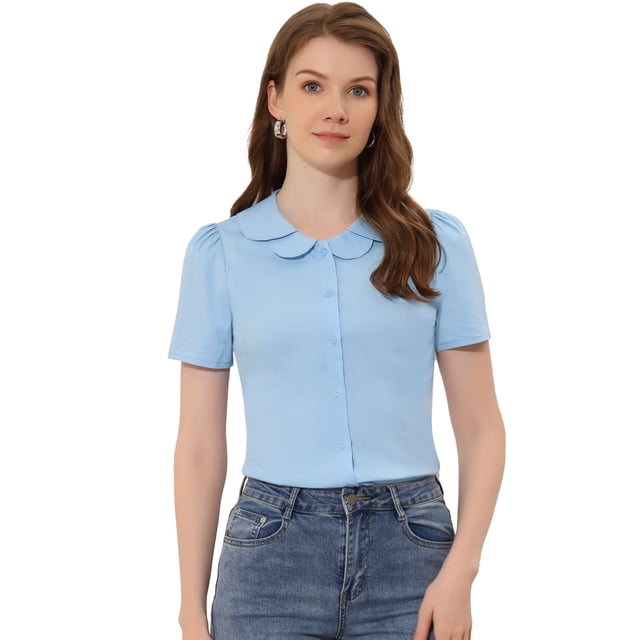 INSPIRE CHIC Blusa De Manga Farol Con Cuello Peter Pan De Carrera Con Botones para Mujer Azul Claro XL INSPIRE CHIC Camisa