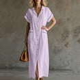 thumbnail image 5 of ClodeEU Women's V Neck Short Sleeve Button Down Maxi Dress,Casual Loose Dress with Front Slit Purple,Women's Plus XL, 5 of 7