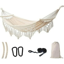 Hammock Hanging Swing Double Max 500lbs Macrame for Indoor Outdoor Patio Yard Garden (Beige)