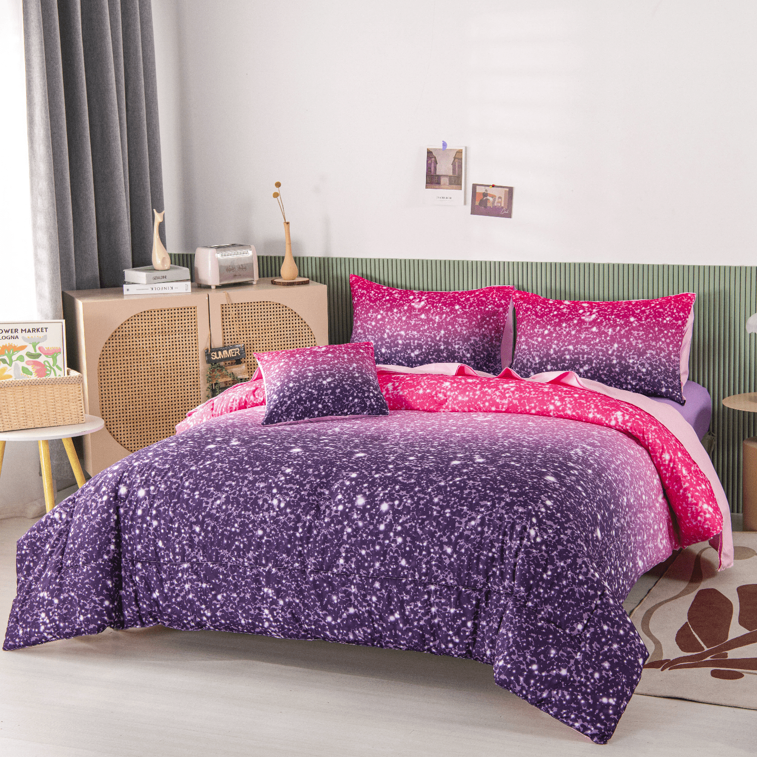 PERFEMET 6 Pieces Pink Purple Full Size Comforter Set Glitter Star Ombre Galaxy Printed Bedding Set Soft Microfiber Bed in a Bag for Kids Teens Girls (Purple,Full)
