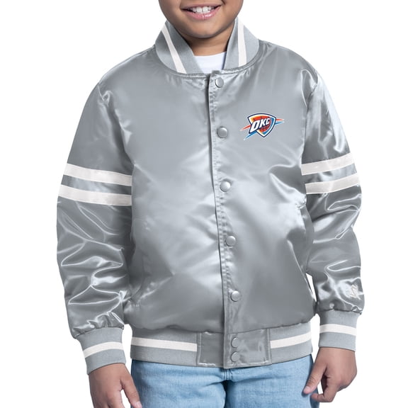 Youth Starter Gray Oklahoma City Thunder Comic-Style Satin Full-Snap Varsity Jacket