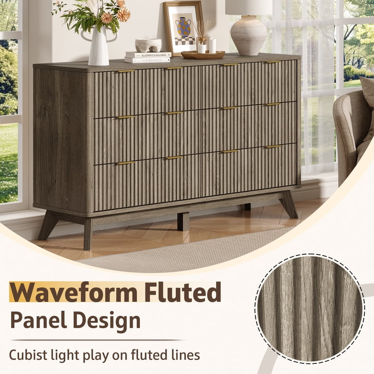 KeyWhat Fluted Dresser for Bedroom, Modern Wooden 6 Drawer Dresser, Storage Cabinet Chest of Drawers for Living Room, Grey Alder