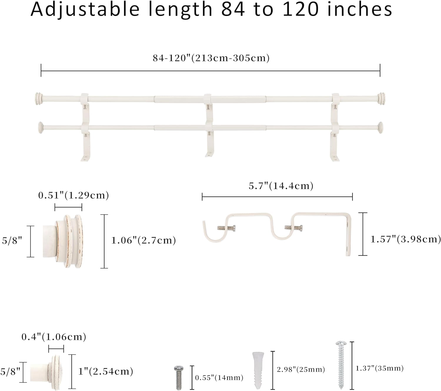 eTeckram 5/8" Double Curtain Rod with Nerveux Finials,Weathered White,84‘’-120‘’