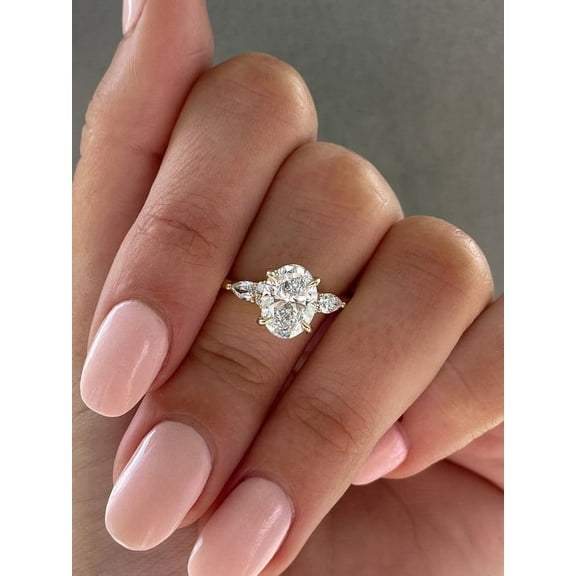 SOLITAIRE JEWELS 2.5CT Oval Stone With Side Stone Classic Trilogy Moissanite Engagement Ring 10K Yellow Gold