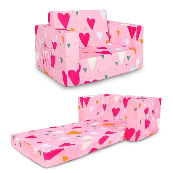 Beavtaens Toddler Sofa, 2-in-1 Pink Flip Open Toddler Couch, with Side Pocket, for Ages 18 Months