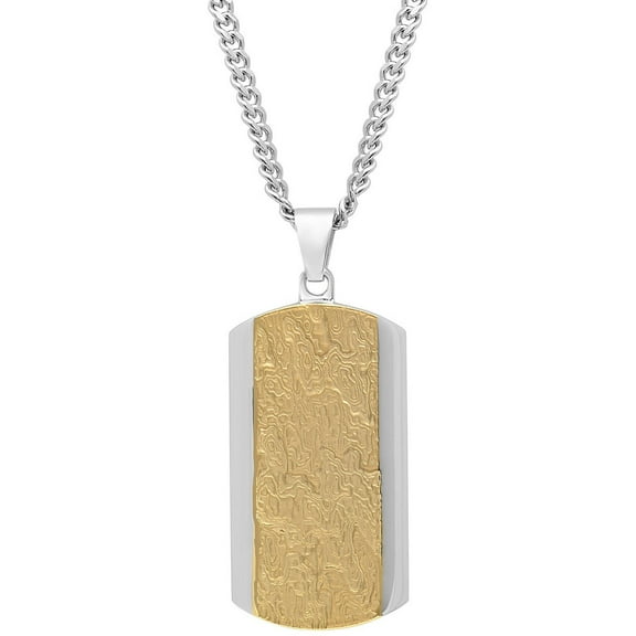 Mens Two-Tone Stainless Steel Rippled Dog Tag Pendant Necklace