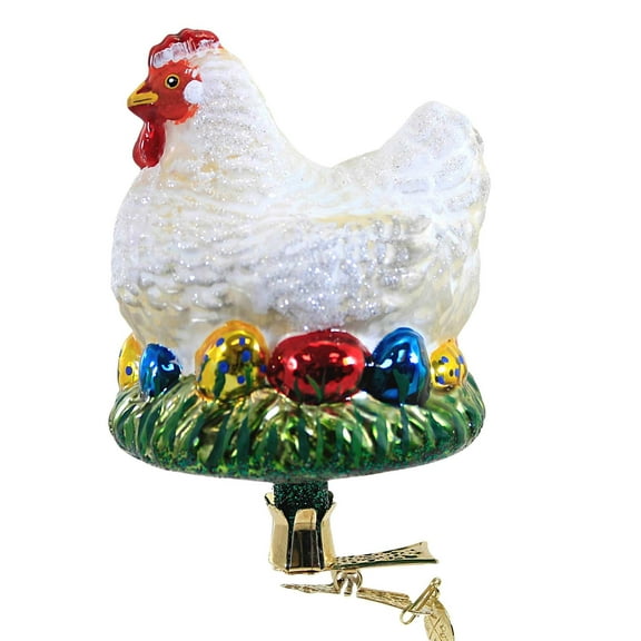 White Hen And Colored Eggs - 1 Glass Ornament 4.75 Inch, Glass - Ornament Easter Spring Chicken 21395