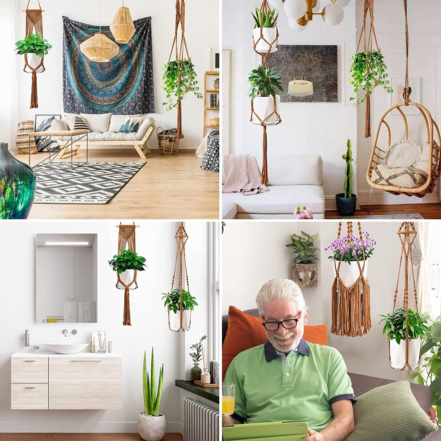 Macrame Plant Hangers, 6Pack Hanging Planters for Indoor Plants w/ 6 Set Hangers Kit Handmade Macromay Plant Hangers Indoor Flower Pots Holder Stand for Boho Home Décor (POTS NOT Included)