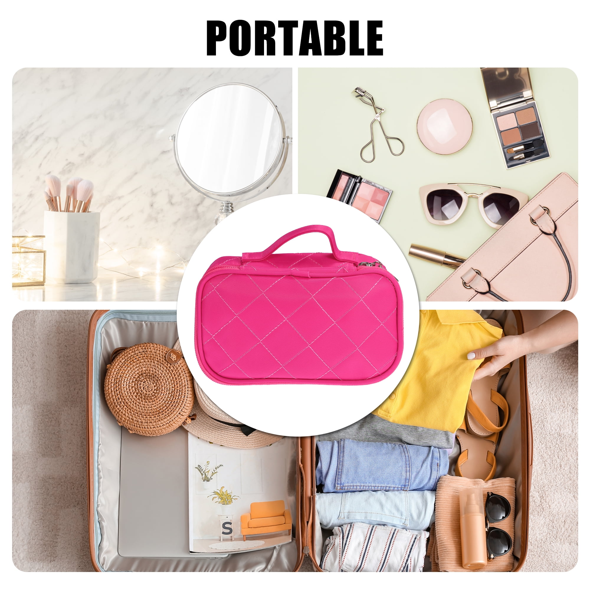 Unique Bargains Travel Double Layer Makeup Storage Bag for Cosmetic tools Rose Red