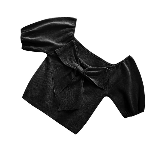 Sonducket Camisa de punto Bowknot Camiseta de color sólido Manga corta Top fino de verano Prendas para la parte del cuerpo Negro
