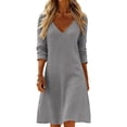 thumbnail image 2 of Bixock Casual Dresses for Women V Neck Mid Sleeved Pleated Cotton Linen High Waist A Line Summer Dresses for Women Beach Vacation Midi Dresses, 2 of 6