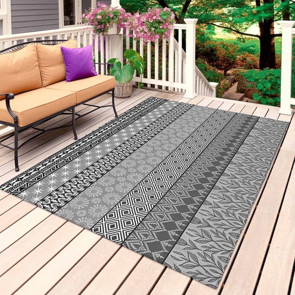 Grey Black Boho Outdoor Rug 5x7 Ft, Non Slip Washable Area Rug, Vintage Ethnic Tribe Abstract Art Patio Rugs Carpet Runner, Large Floor Mat for Indoor/Outdoor Deck Porch Camping