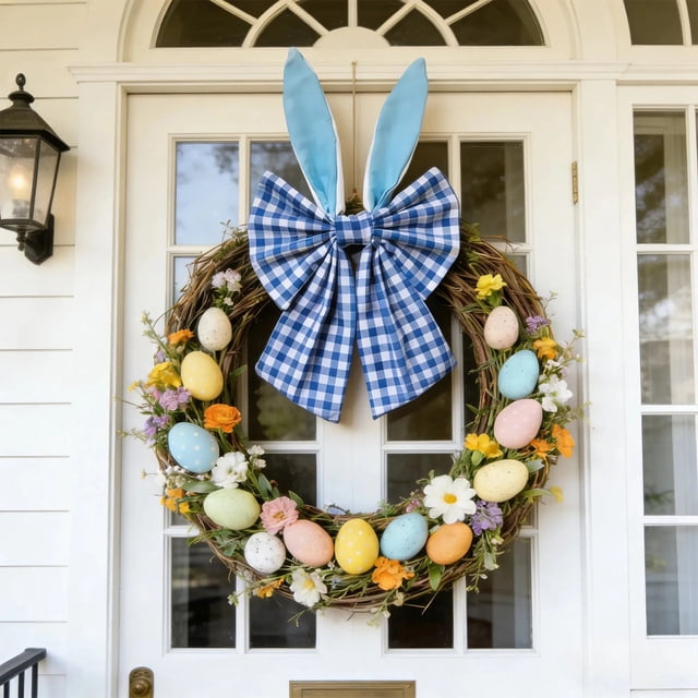 Colgante con lazo de orejas de conejo de Pascua | Decoración navideña para fiestas y el hogar | Adorno festivo colgante de 40 x 20 cm | Colores rosa, amarillo, naranja, azul, azul marino y negro
