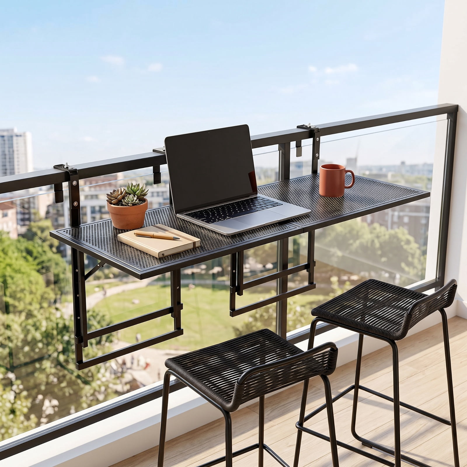 Biotree 48" Balcony Railing Table Set of 2 with 5-Level Adjustable Height for Patio Deck, Black