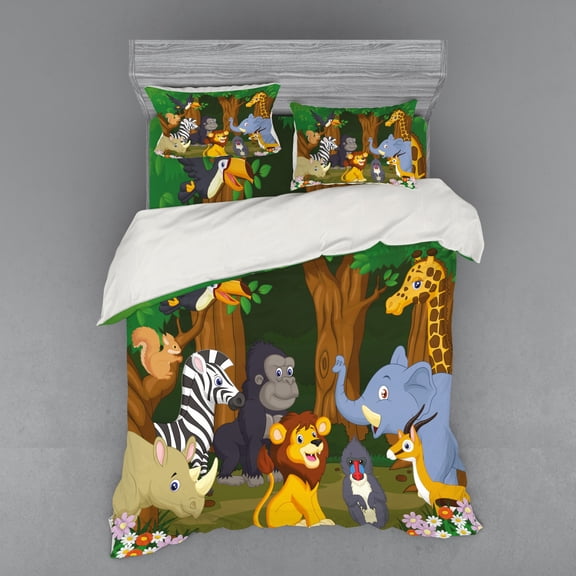 Animal Duvet Cover Set, Cartoon Style Elephant Gazelle Giraffe Gorilla Lion Animals Illustration, Bedding Set with Shams and Fitted Sheet, 3 Sizes, by Ambesonne