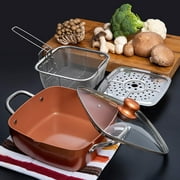 Moss & Stone 5 Pcs Copper Chef Cookware Set, 9.5” Non Stick Deep Frying Pan, Fry Basket, Steamer Rack, Dishwasher & Oven Safe, 5 Quart Deep Square Pan, Induction Copper Cookware Set - 9.5x3.5