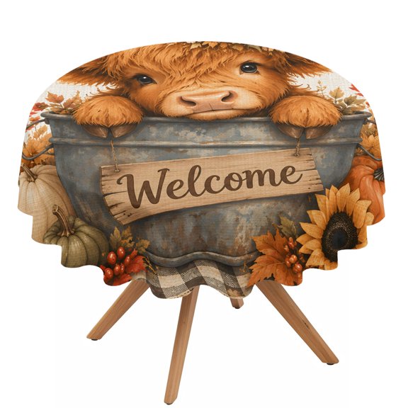 Fall Calves Round Tablecloth 54 inches Farmhouse Bucket Rustic Pumpkin Sunflower Retro Waterproof Oil-Proof Table Cloth Round Table Cover for Holiday Party Picnic Dinner Decor Indoor and Outdoor Use