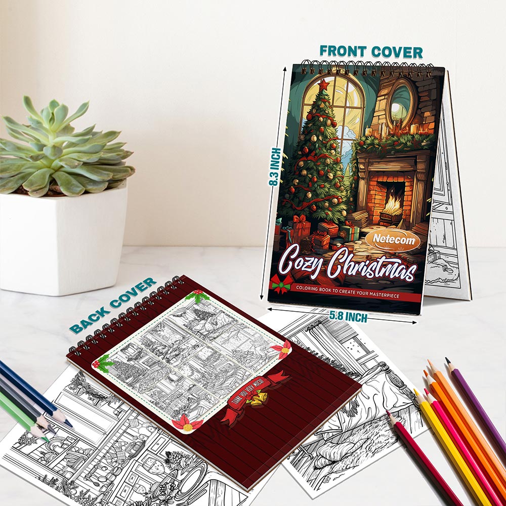 Netecom Cozy Christmas Coloring Book Spiral Bound for Adults, A5 Wooden Cover, 30 Heartwarming Coloring Pages of Festive Fireplaces in Xmas Day for Stress Relief and Relaxation