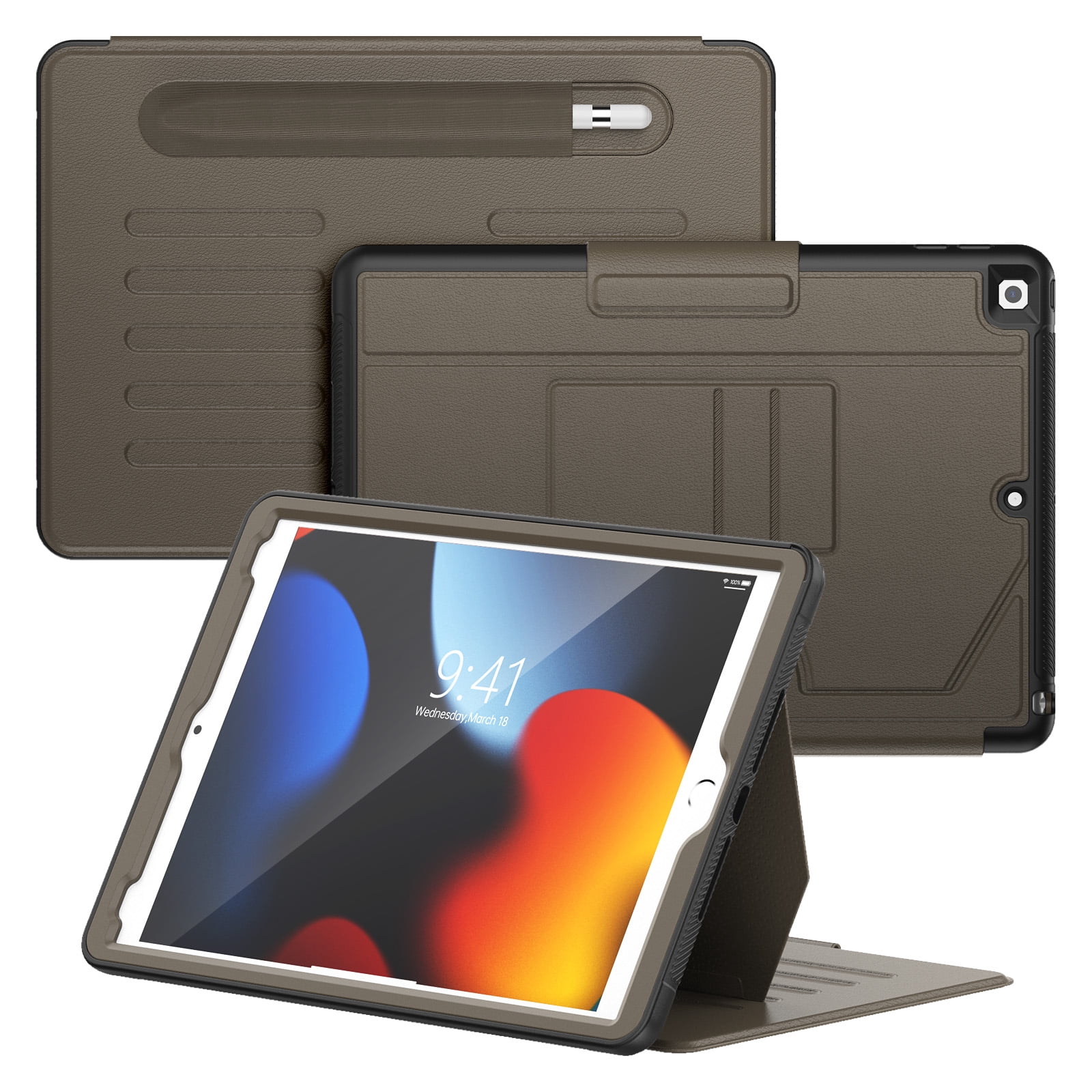Business-Style Case for Apple iPad 9th/8th/7th Generation (2021/2020/2019) 10.2", PU Leather Protective Folio Heavy-Duty Case with Magnetic Stand /Pencil Holder /Auto Sleep Wake Function, Brown