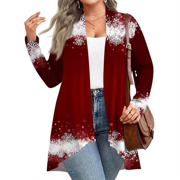 Women's Fall and Winter Fashion Casual Print Long Sleeve Mid-Length Cardigan Jacket, Christmas Theme for Holiday Season,Deep Red,2XL