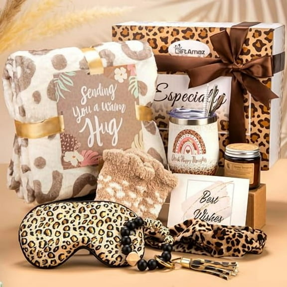 Leopard Gifts for Women, Self Care Gifts Get Well Soon Gifts Basket, Include Leopard Print Tumbler Cup and Blanket, Care Package Unique Birthday Christmas Gifts for Women Friends Wife Mom
