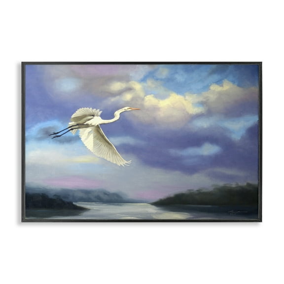 Stupell Industries Egret Over Clouds Landscape Painting Black Framed Art Print Wall Art, 18 x 12