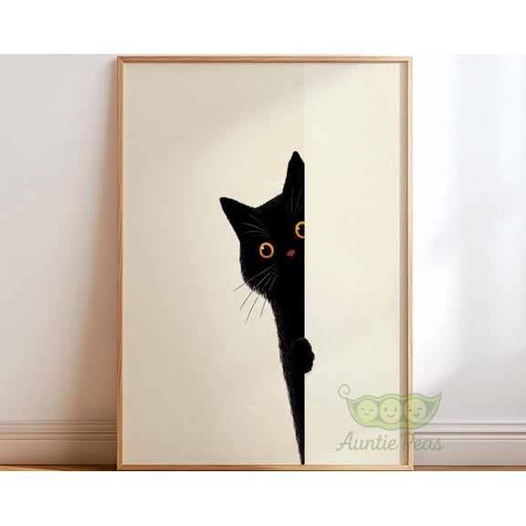 Peeking Black Cat Minimalist Wall Art Print, Unframed Paper Poster 8x10in