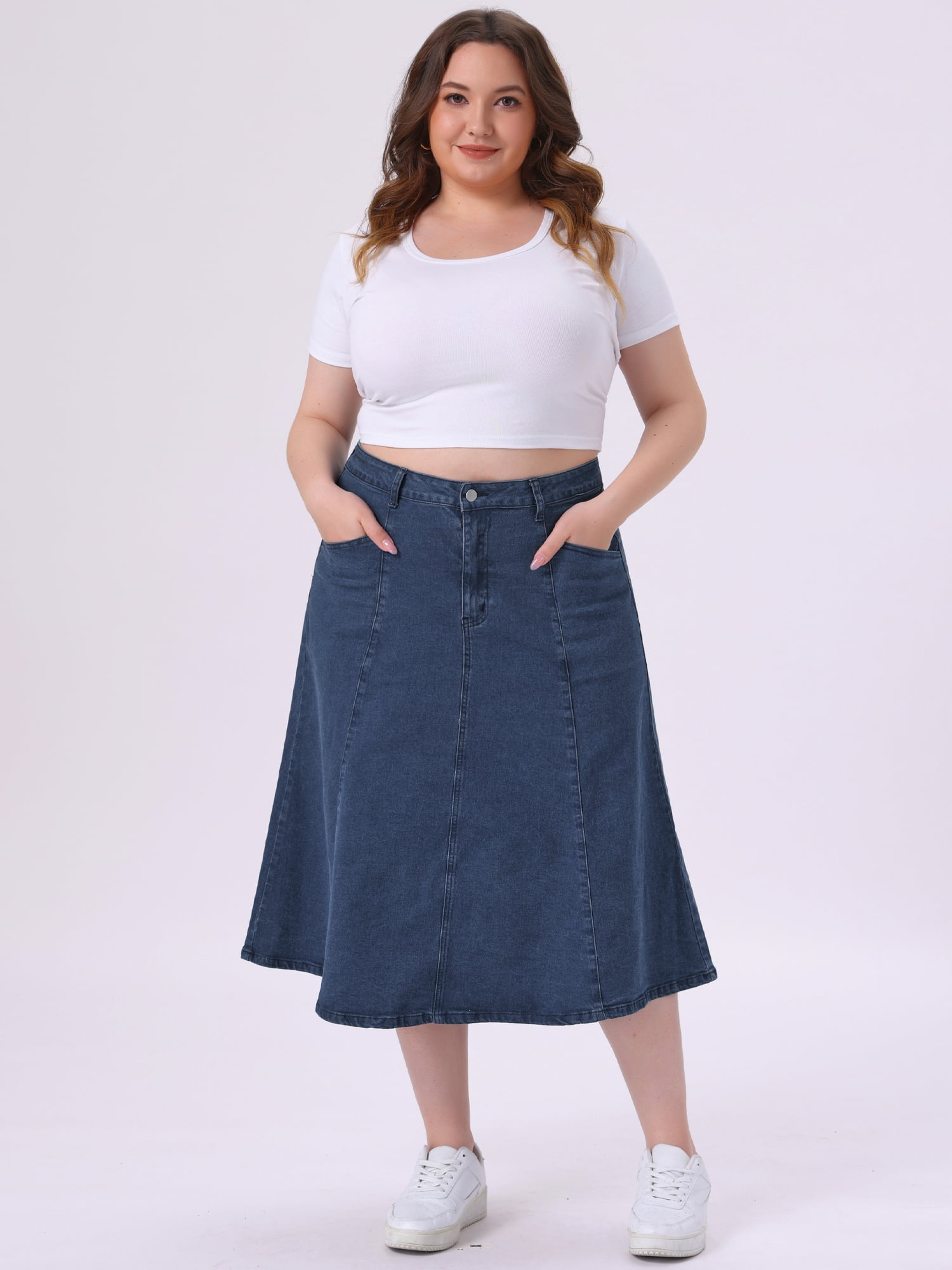 DARING DIVA Women's Plus Denim Skirts with Pockets A-Line Midi Jean Skirt 2X Blue