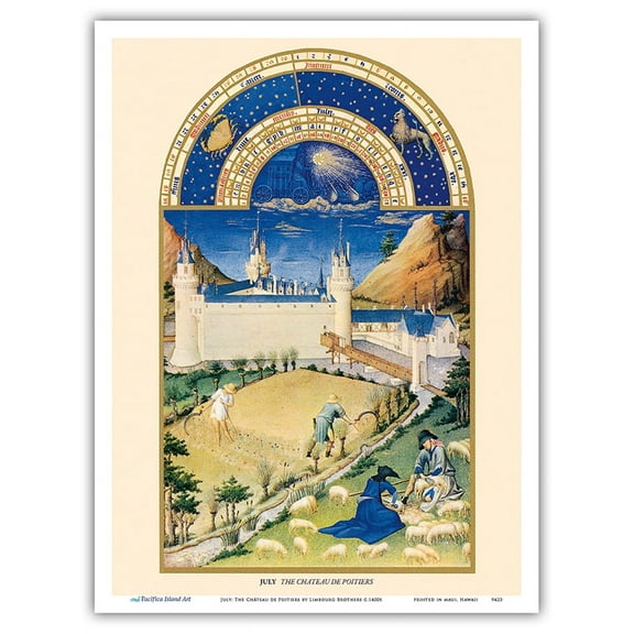 July: Château de Poitiers - Book of Hours (Très Riches Heures) - Vintage Illuminated Manuscript by Limbourg Brothers c.1400s - Master Art Print (Unframed) 9in x 12in
