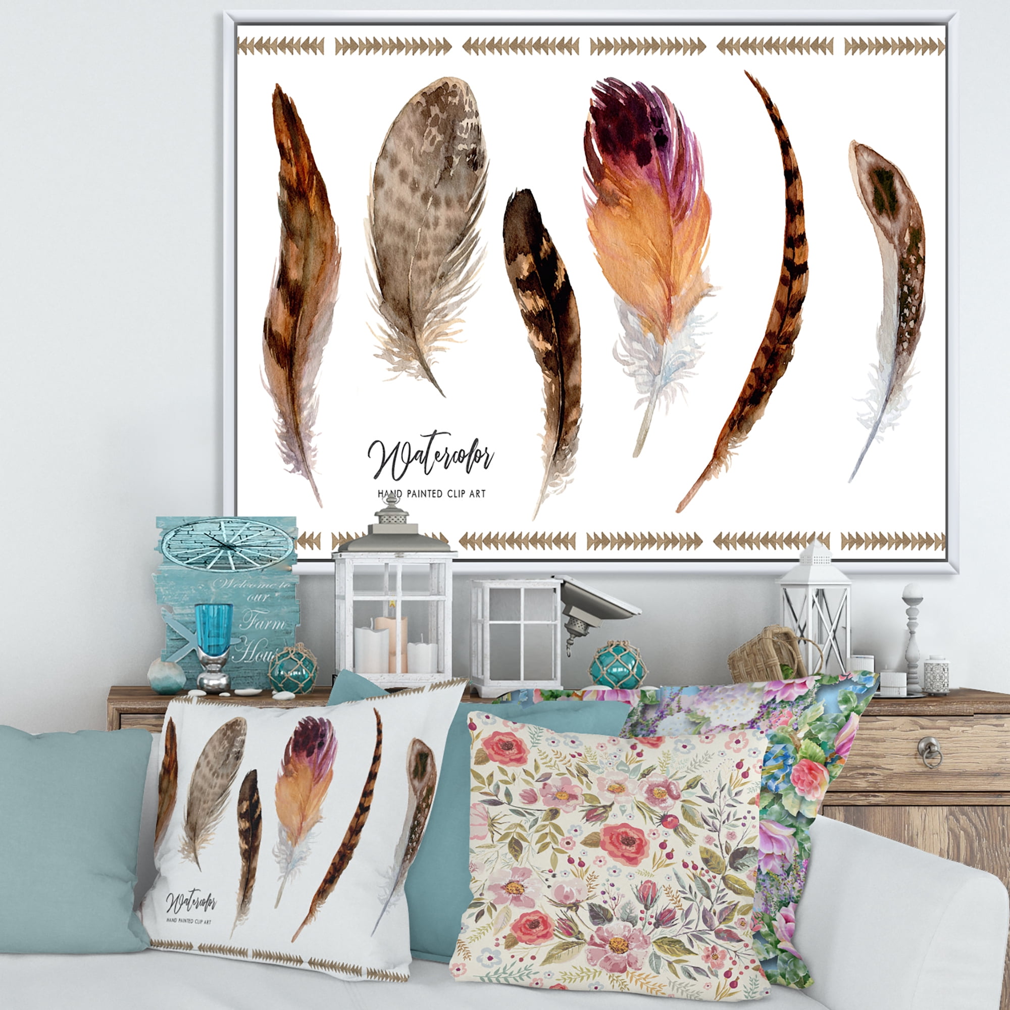Designart 'Exotic Vibrant Boho Watercolor Feathers' Bohemian & Eclectic Framed Canvas Wall Art Print
