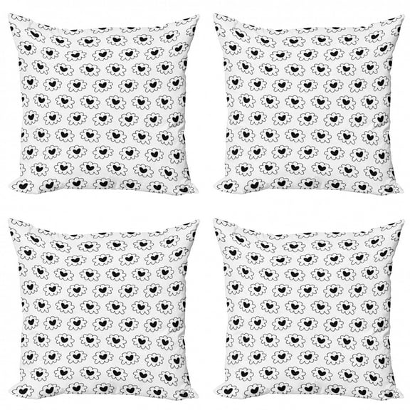 Doodle Throw Pillow Cushion Case Pack of 4, Hand Drawn Hearts Sketched into Cloud Like Fluffs in Monochrome Style, Modern Accent Double-Sided Print, 4 Sizes, Charcoal Grey and White, by Ambesonne