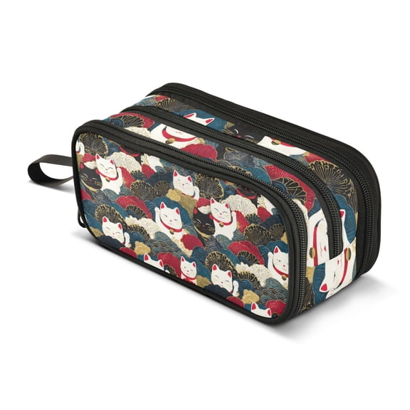 FORMRS Pencil Case with 3 Compartments Zipper Pouch, Elementary School Level and up, White Lucky Cat