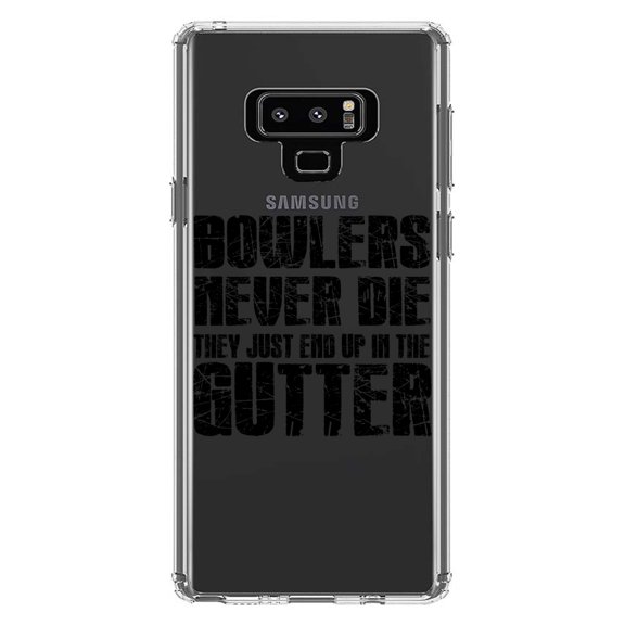 DistinctInk Clear Shockproof Hybrid Case for Samsung Galaxy Note 9 - TPU Bumper Acrylic Back Tempered Glass Screen Protector - Bowlers Never Die They End Up In The Gutter